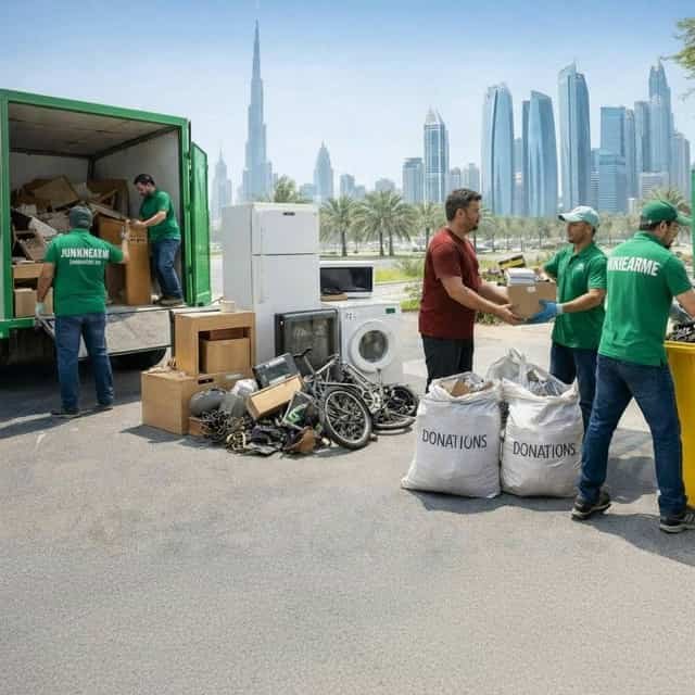 JunkNearMe professional junk removal crew picking up a white sofa and unwanted furniture in Dubai, UAE